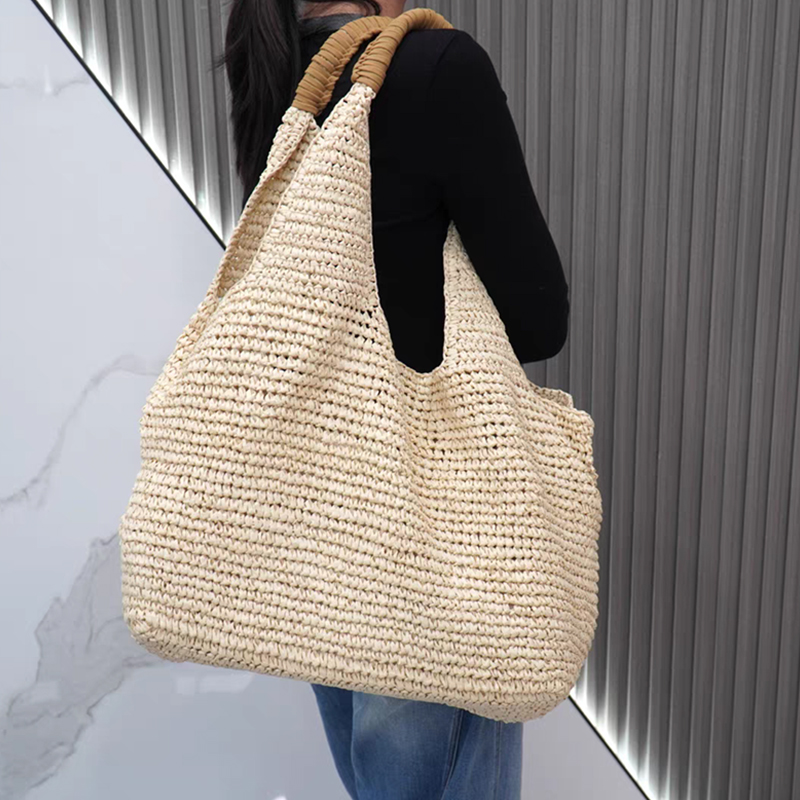 Women'S Raffia Bags - 女性用大容量手作りトートバッグ、エレガントな夏のビーチバケーション、海岸スタイルのハンドバッグ、ラフィア織りストローショルダーバッグ