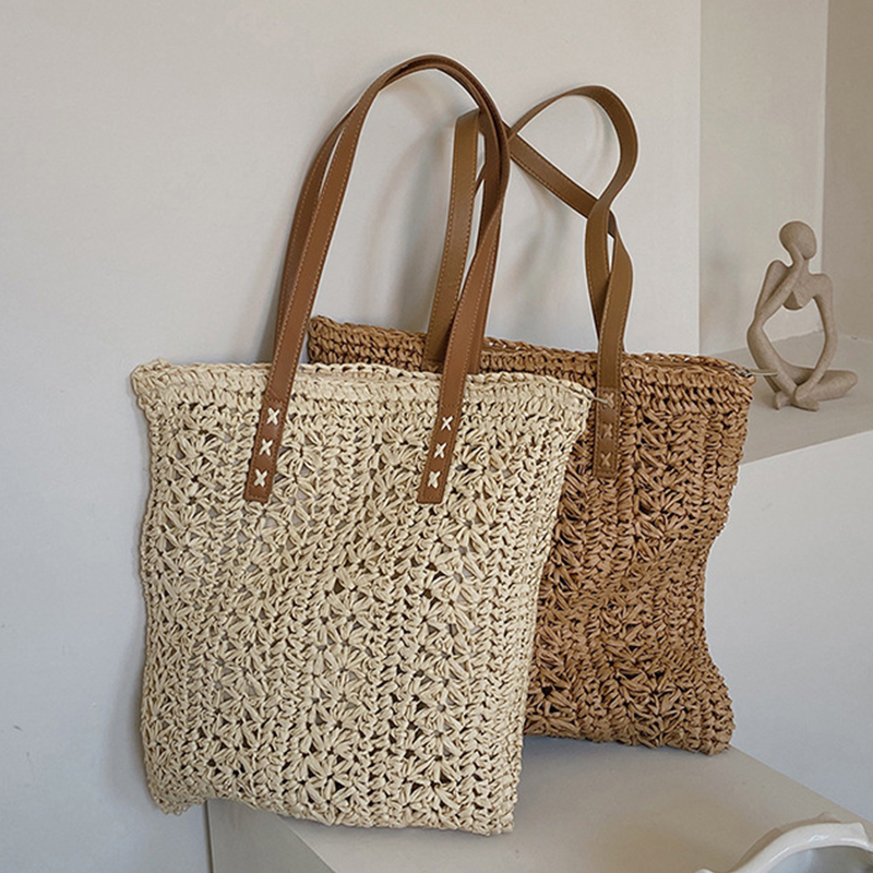 Women'S Raffia Bags - 正方形中空わらビーチバッグ手作り織ショルダーバッグラフィア籐ショッピングトラベルバッグボヘミアン夏休みカジュアルトート