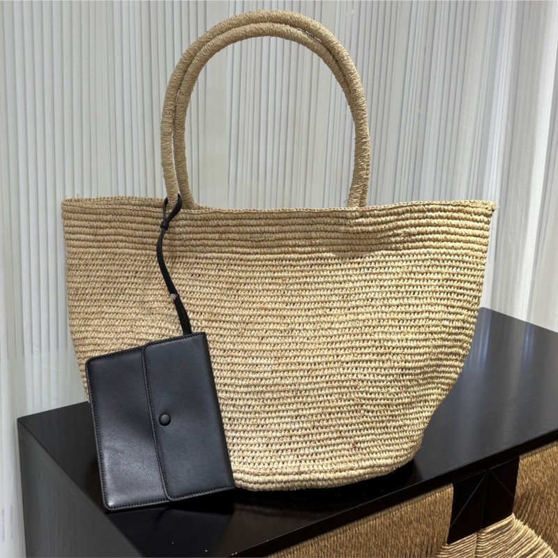 手作りの天然ラフィア製トートバッグ、ラムレザーポーチ付き、夏 - Women'S Raffia Bags のレビューと価格