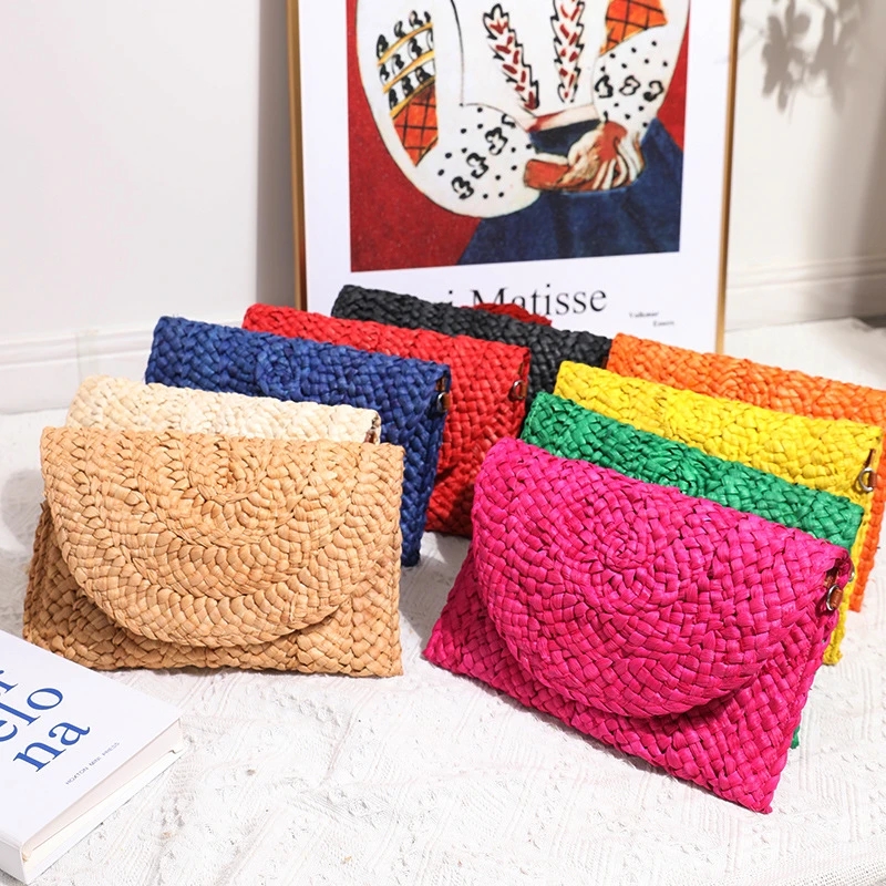 女性用ストローニットハンドバッグ、フラップ封筒、ビーチバッグ - Flap Bag Envelope のレビューと価格