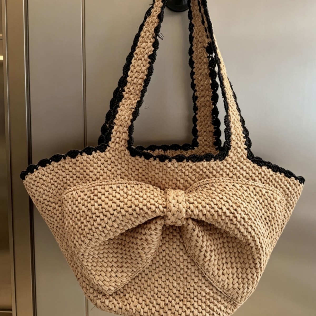新しいラフィアのリボン付き手編みビーチバッグ、女性用夏の麦わ - Women'S Raffia Bags のレビューと価格