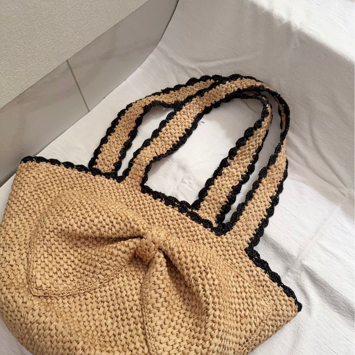 新しいラフィアのリボン付き手編みビーチバッグ、女性用夏の麦わ - Women'S Raffia Bags のレビューと価格