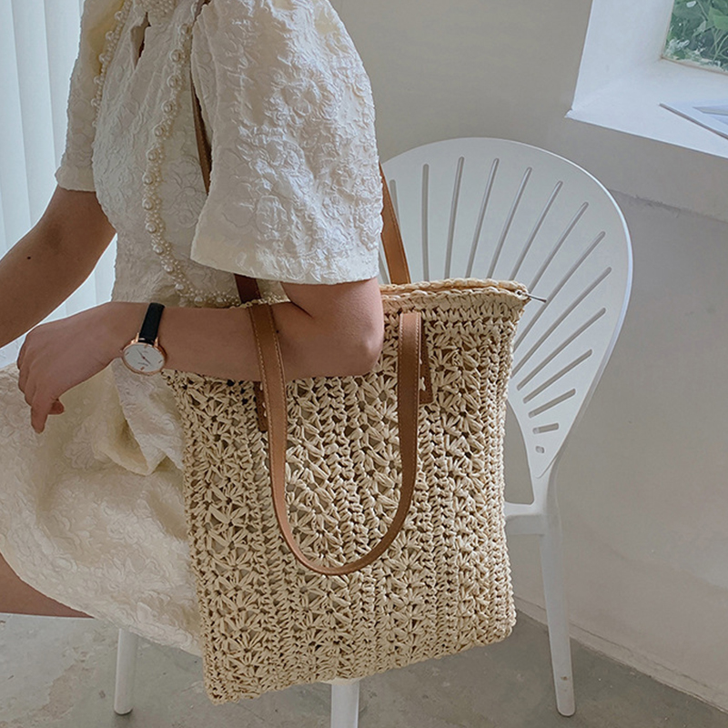 正方形中空わらビーチバッグ手作り織ショルダーバッグラフィア籐 - Women'S Raffia Bags のレビューと価格