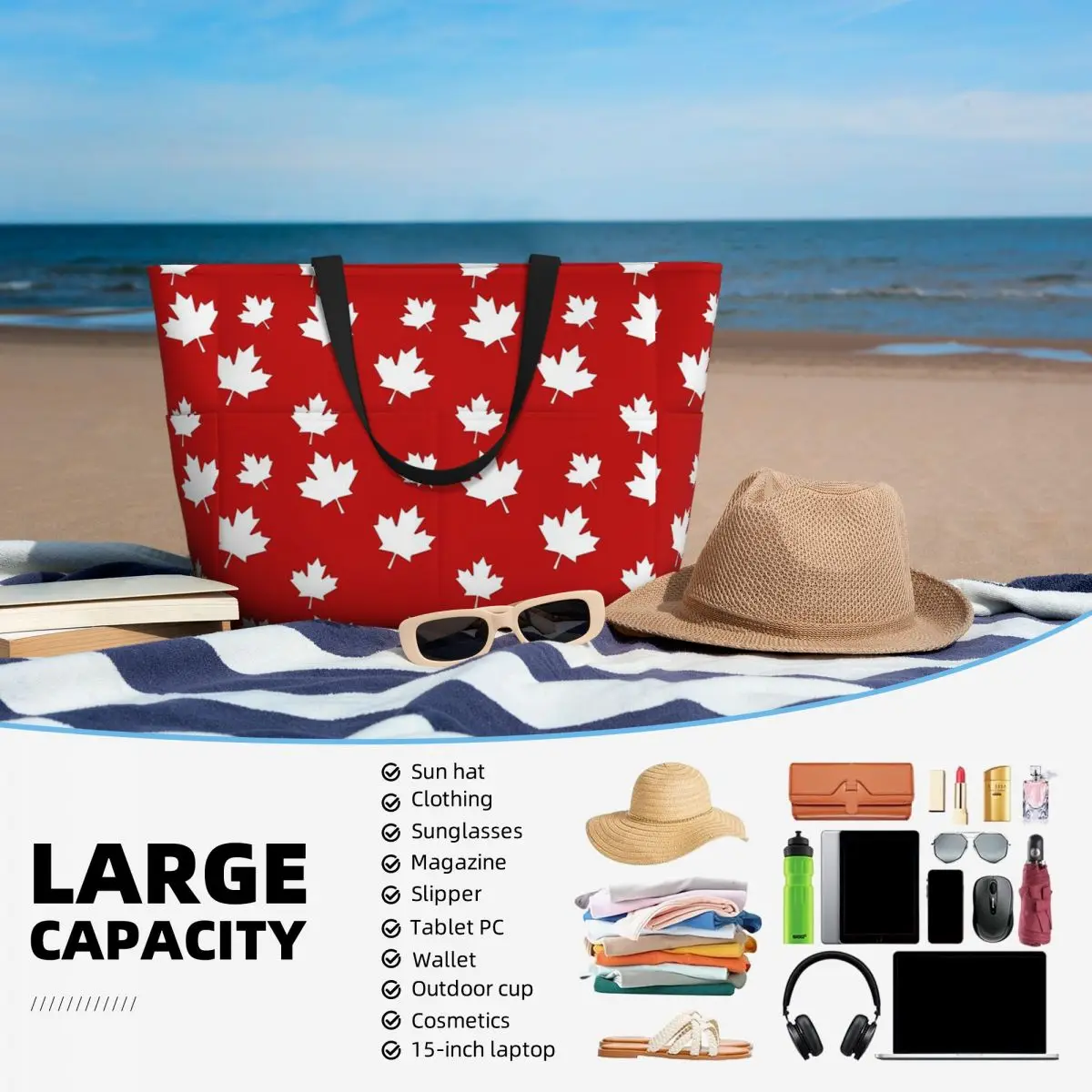 カナダのメープルリーフ旗柄赤白カナダ国旗ビーチトートバッグス - Women Bags Canada のレビューと価格